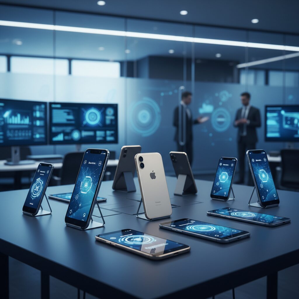 複数の最新業務用スマートフォンが並ぶスタイリッシュなオフィスデスクの風景