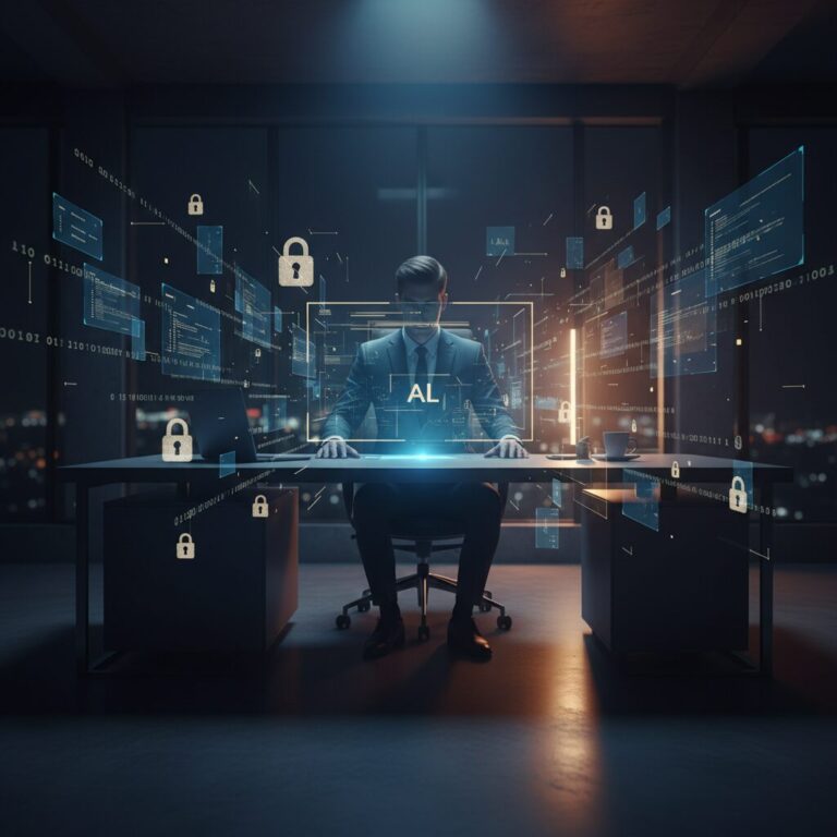 暗いオフィスで光るAIツールをこっそり使う従業員のイメージ。背景にはデータ漏洩やセキュリティリスクを象徴するデジタルモチーフが描かれています。