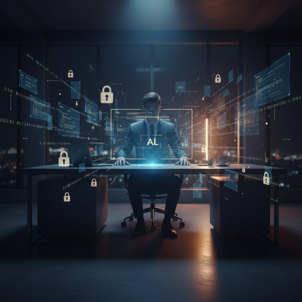 暗いオフィスで光るAIツールをこっそり使う従業員のイメージ。背景にはデータ漏洩やセキュリティリスクを象徴するデジタルモチーフが描かれています。