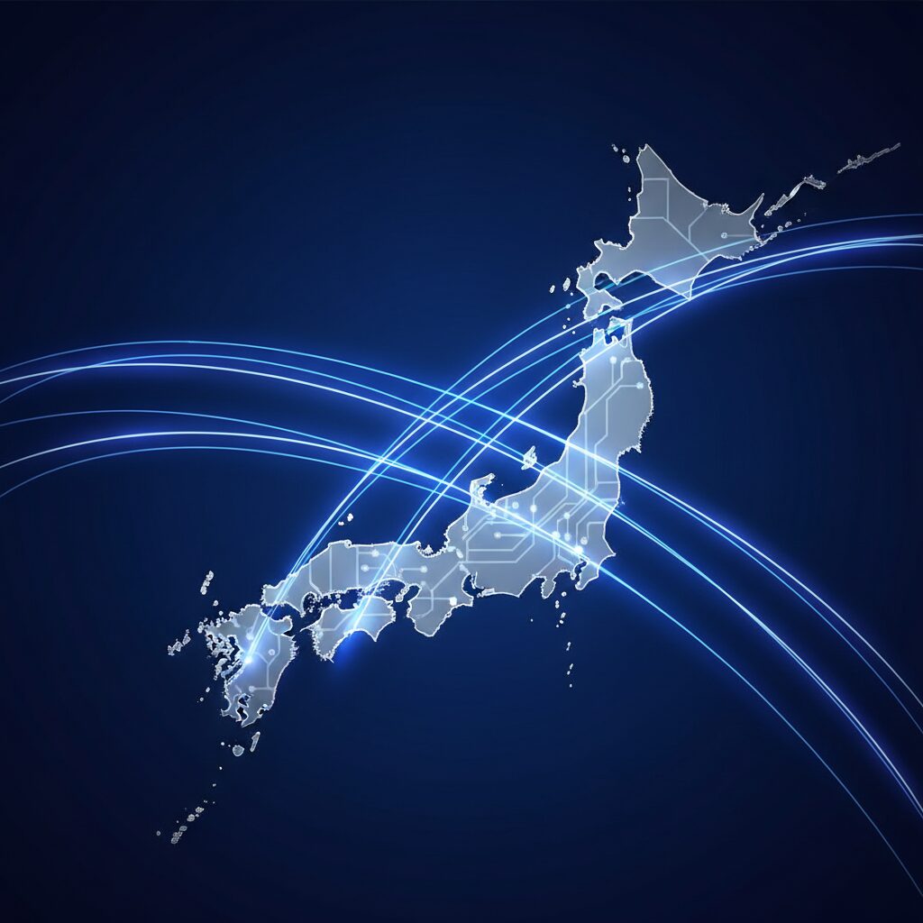 NTT東日本のロゴと光ファイバーをイメージしたネットワークのイラスト