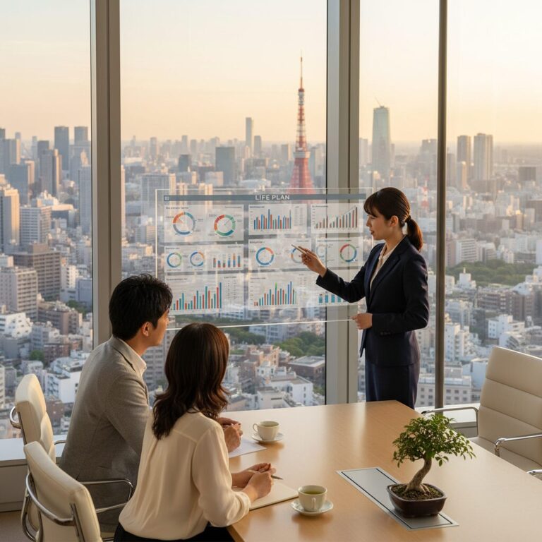 明るいオフィスでライフプランの相談に乗るコンサルタントと夫婦の様子
