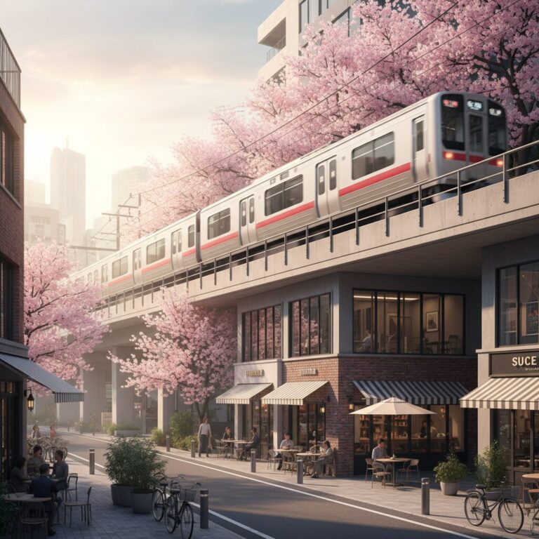 東急東横線の電車が洗練された街並みを走る風景のイラスト。モダンなカフェや並木道が描かれている。