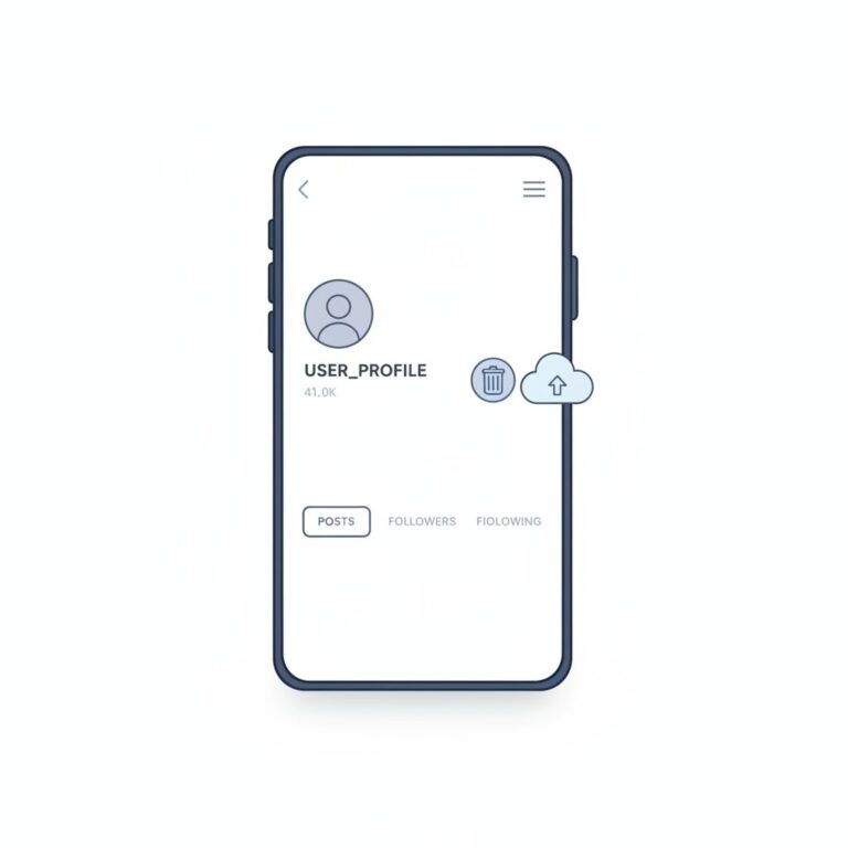 Instagramのアカウント削除手続きを行うスマートフォンのイラスト。データバックアップとデジタルデトックスのイメージ。