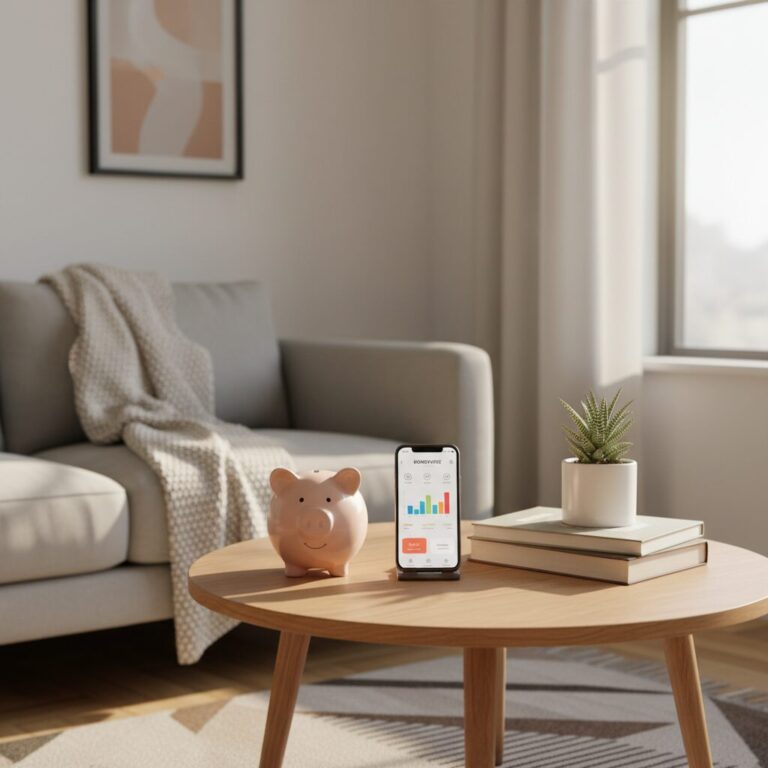 貯金箱と家計管理をするスマートフォンが置かれた明るい部屋の風景
