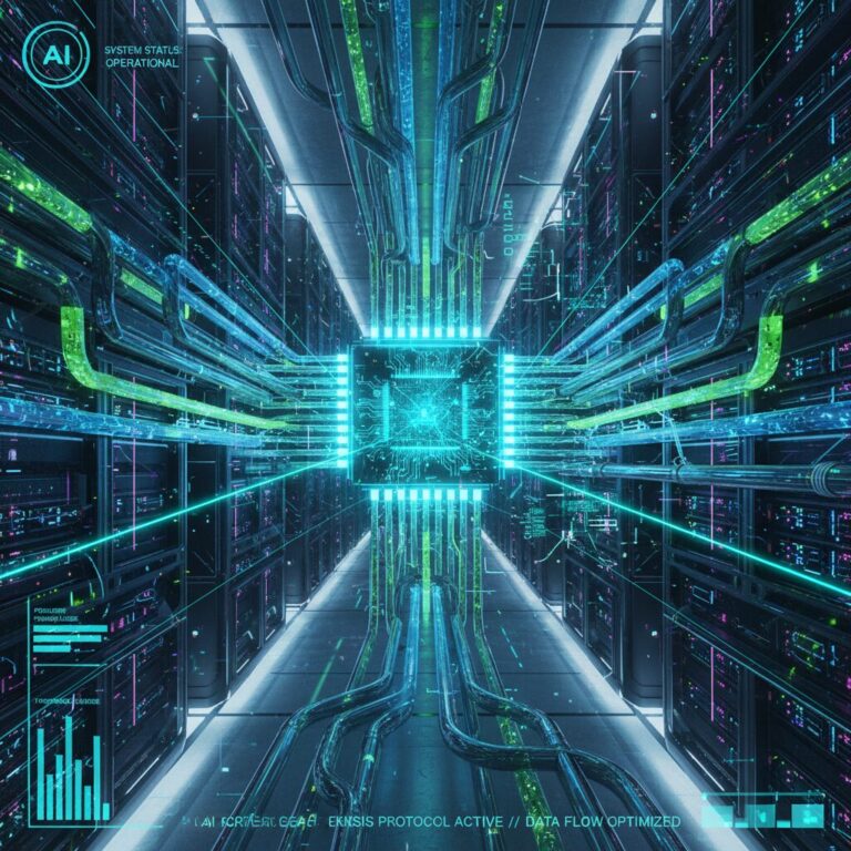 Future AI data center with glowing circuits and advanced GPU architecture representing NVIDIA's growth.