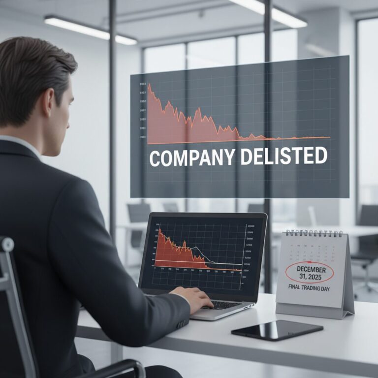 上場廃止を告知する株価チャートと冷静に分析する投資家のイメージ画像