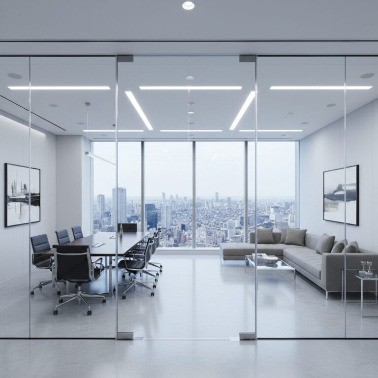 世界的な投資銀行の洗練されたオフィス。東京の街並みを背景にした高級感のある会議室のイメージ。