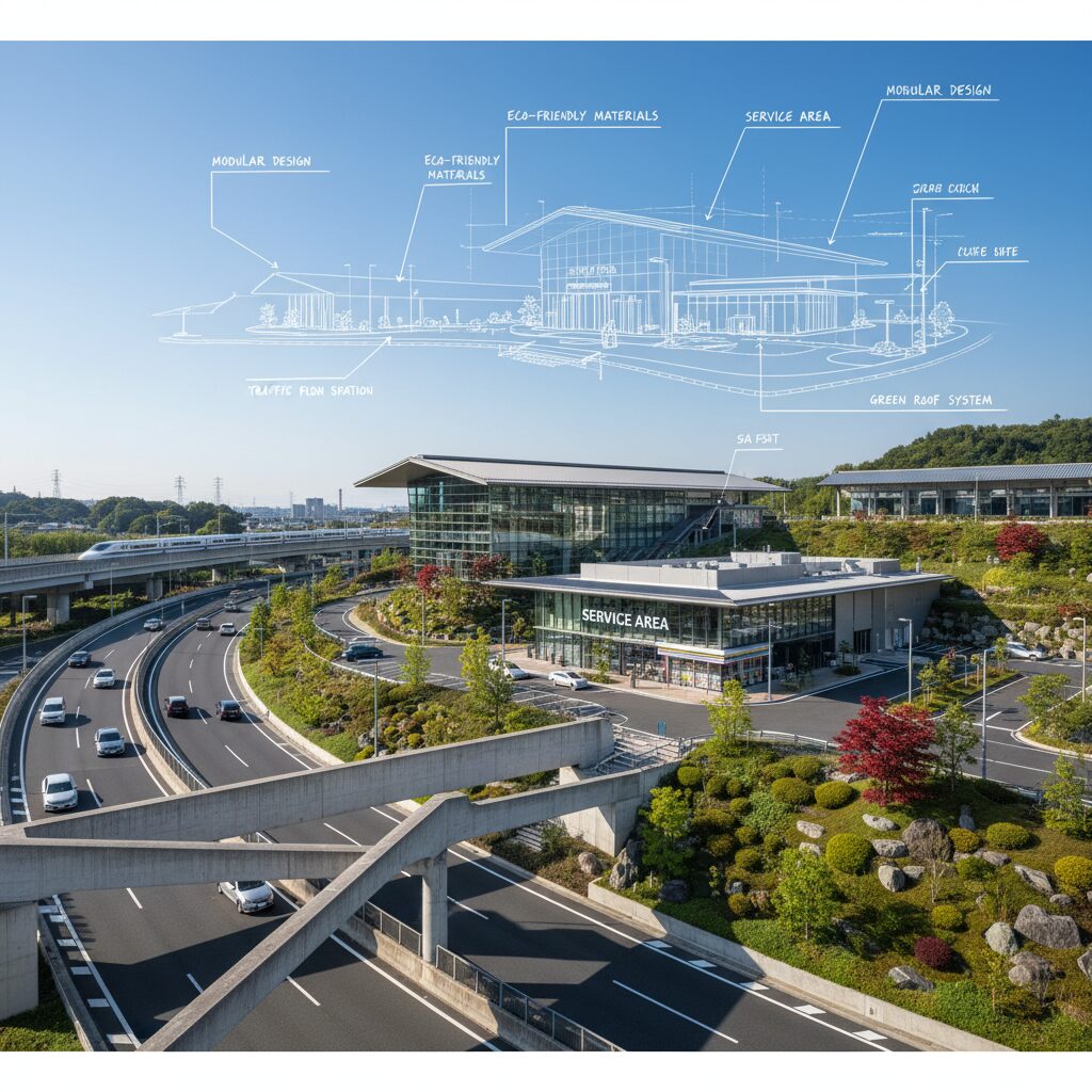 NEXCO東日本のロゴを彷彿とさせる清潔感のある高速道路とサービスエリアの風景