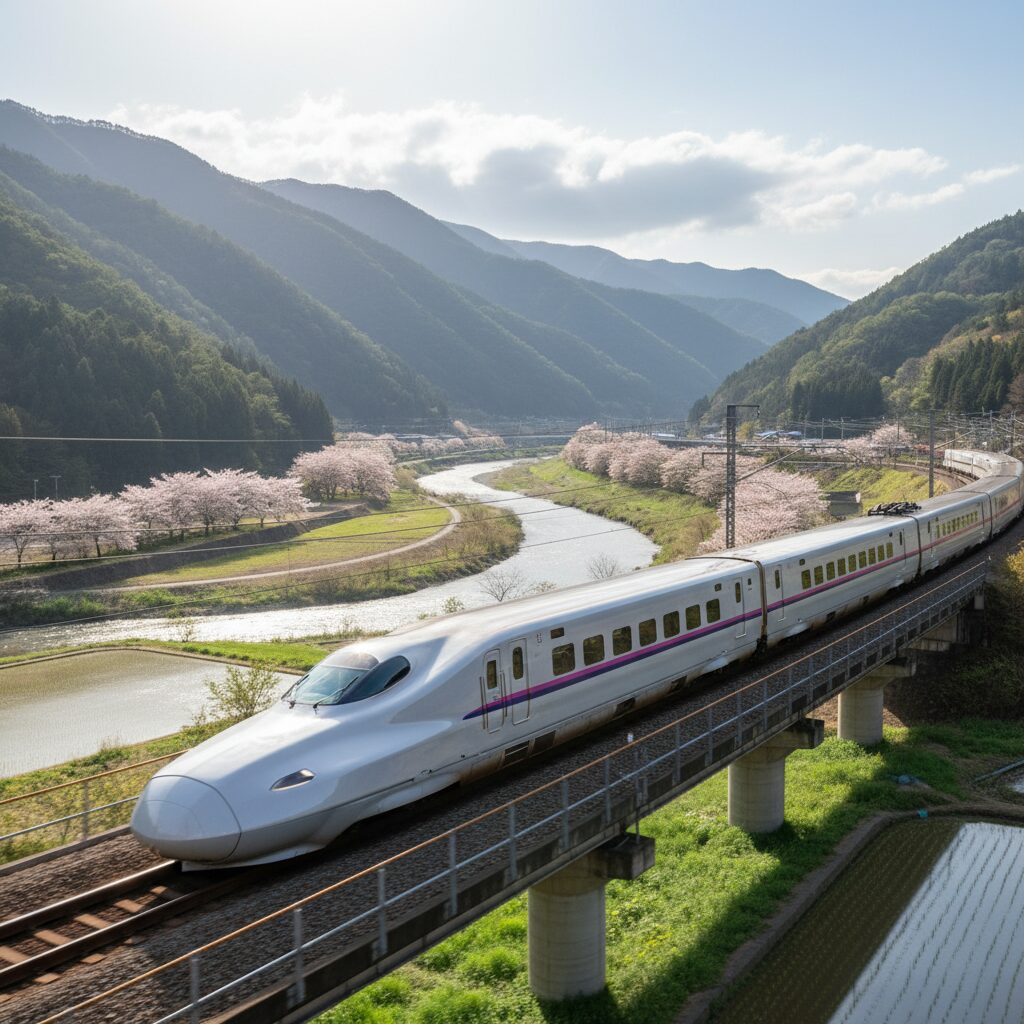 自然の中を走る山形新幹線つばさ号の車両