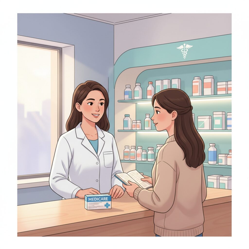 薬局で薬剤師と相談する女性のイラスト