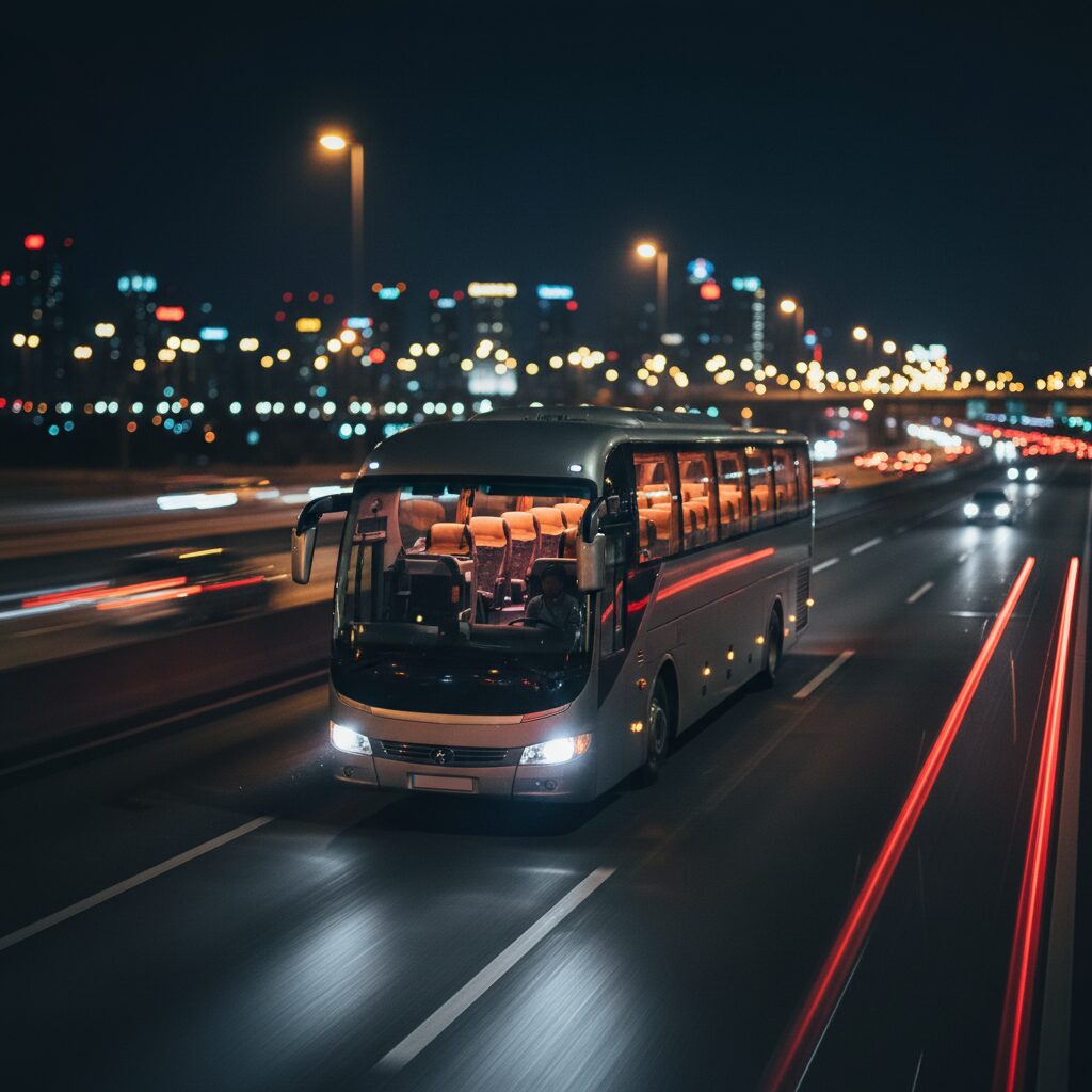夜の高速道路を走る、近未来的で洗練されたデザインの高速バス。車内の温かい照明が窓から漏れている様子。