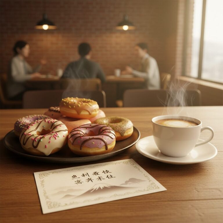 ミスタードーナツの店内でおしゃれな木製テーブルに並ぶドーナツとコーヒー、そしてダスキンの株主優待券のイメージ画像。暖かく柔らかな照明。