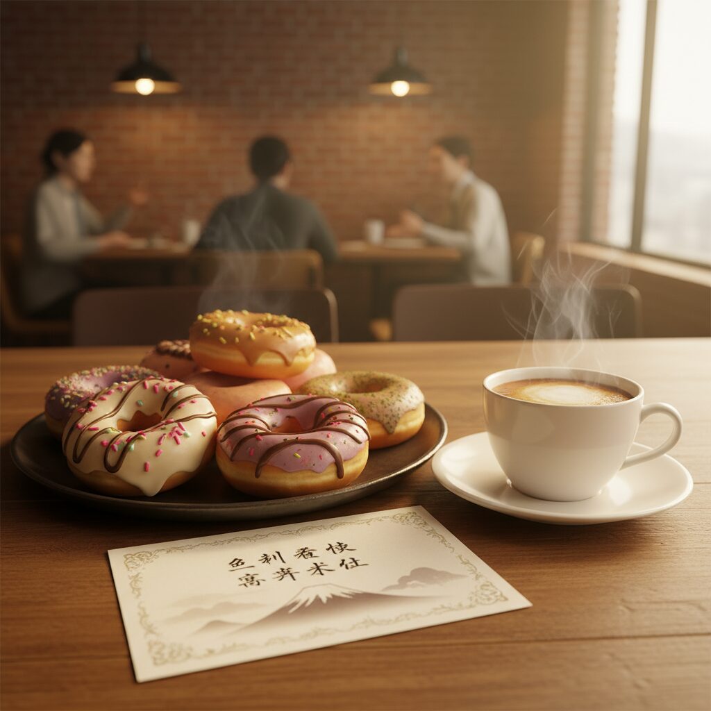 ミスタードーナツの店内でおしゃれな木製テーブルに並ぶドーナツとコーヒー、そしてダスキンの株主優待券のイメージ画像。暖かく柔らかな照明。