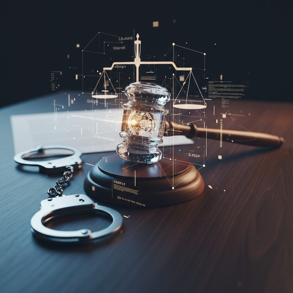 裁判所の槌と手錠が置かれた法的なイメージ画像