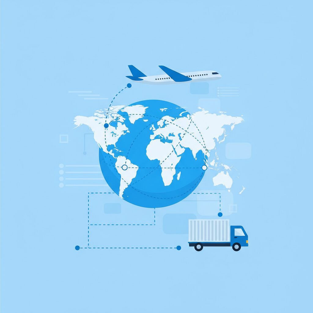世界地図と飛行機、配送トラックを描いたクリーンな物流イメージのイラスト