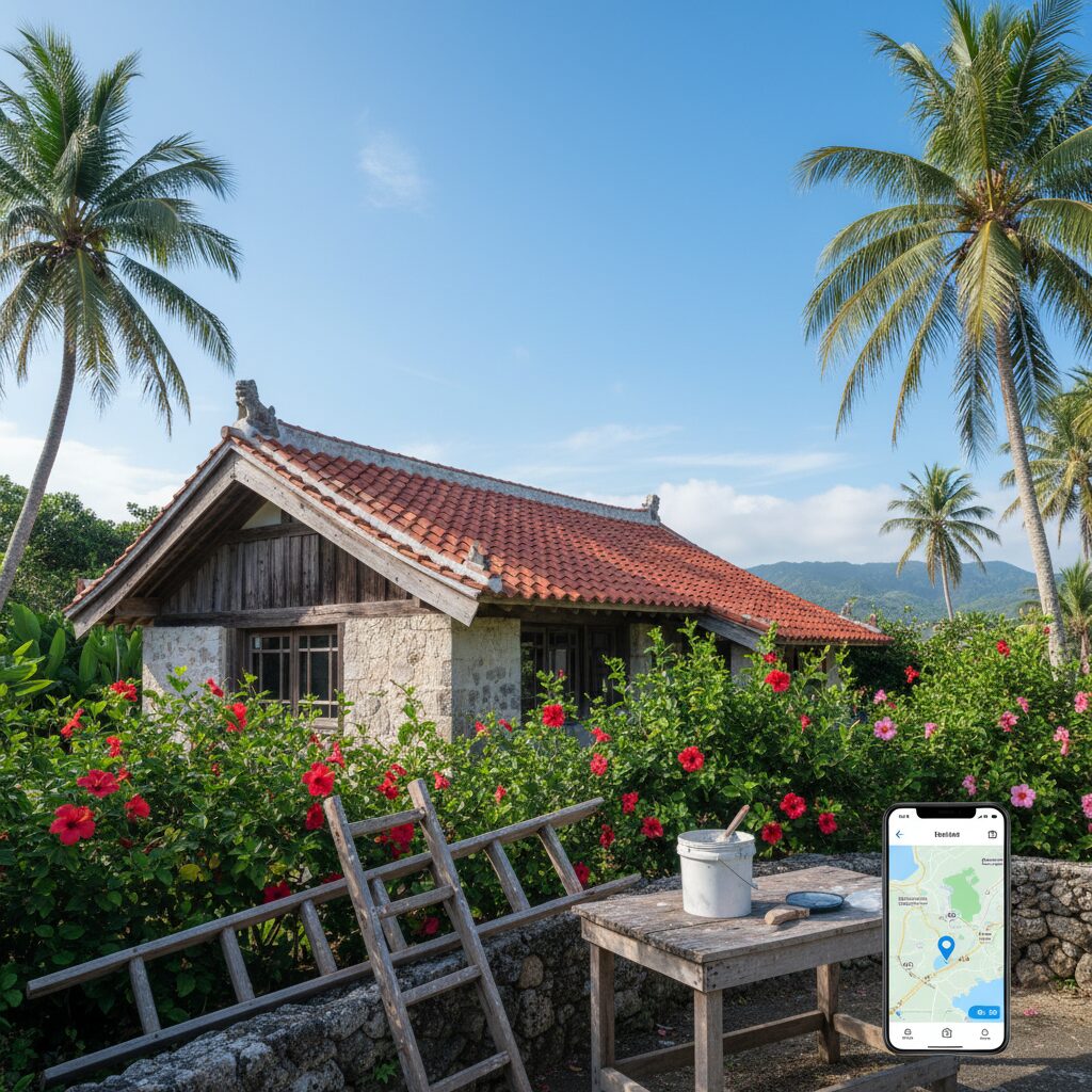 沖縄の赤い瓦屋根の古民家とDIY道具、スマートフォンの画面が並ぶ風景