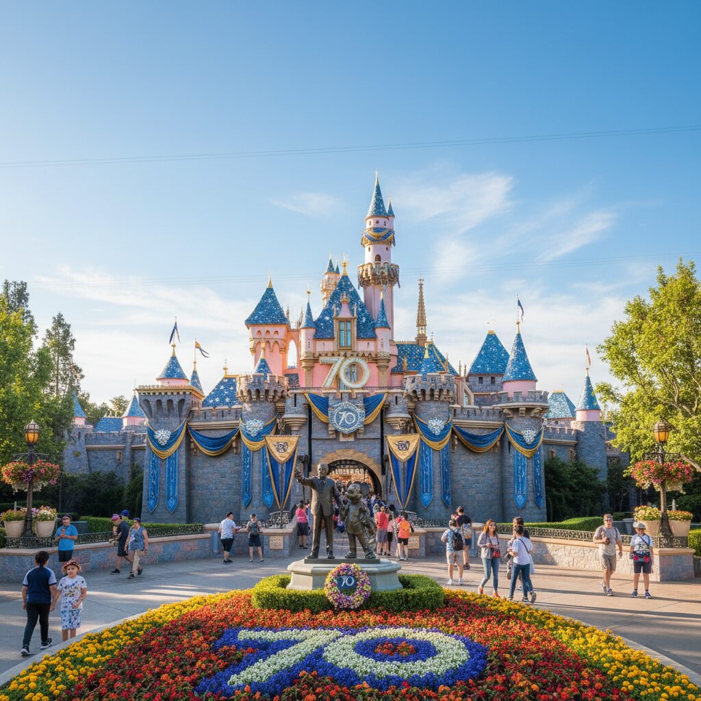 カリフォルニア・ディズニーランド・リゾートの輝くエントランスと70周年記念の装飾イメージ