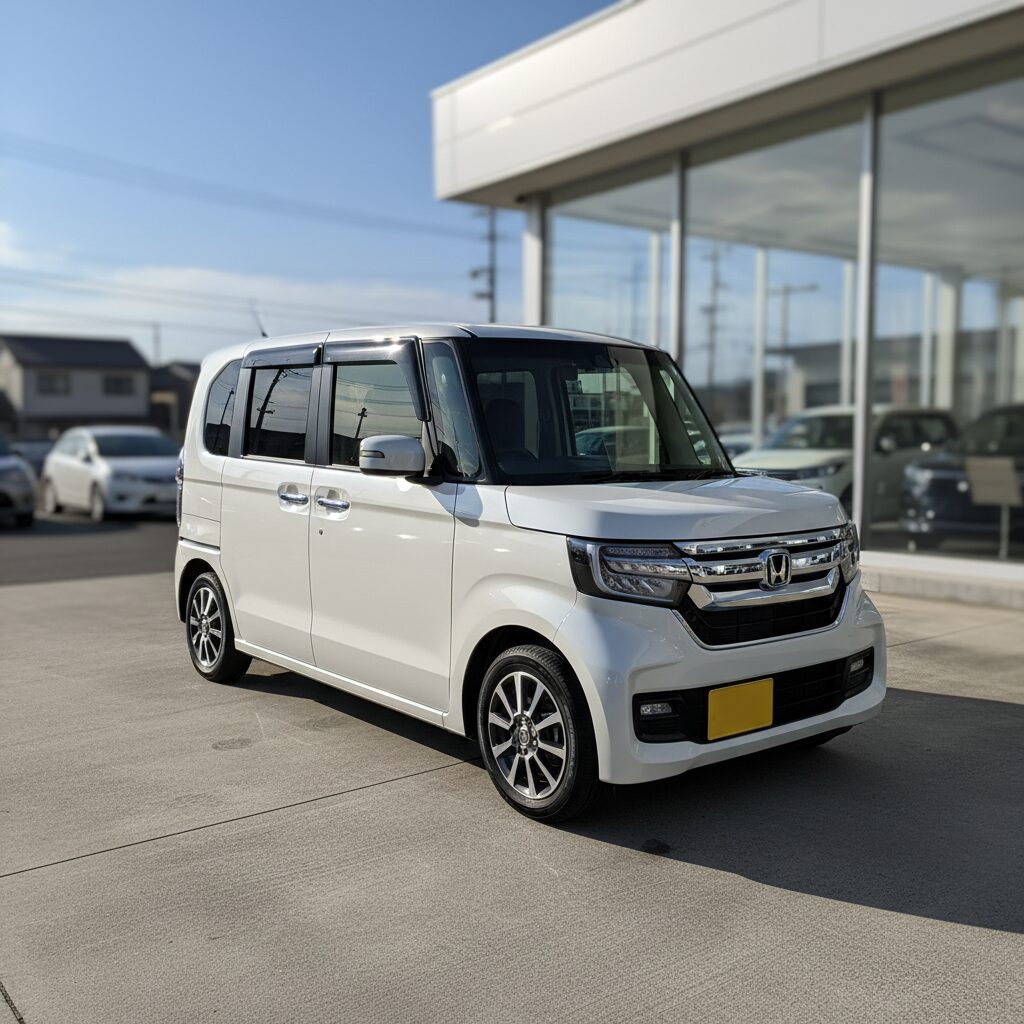 青空の下に並ぶ状態の良い中古軽自動車と自動車販売店の風景