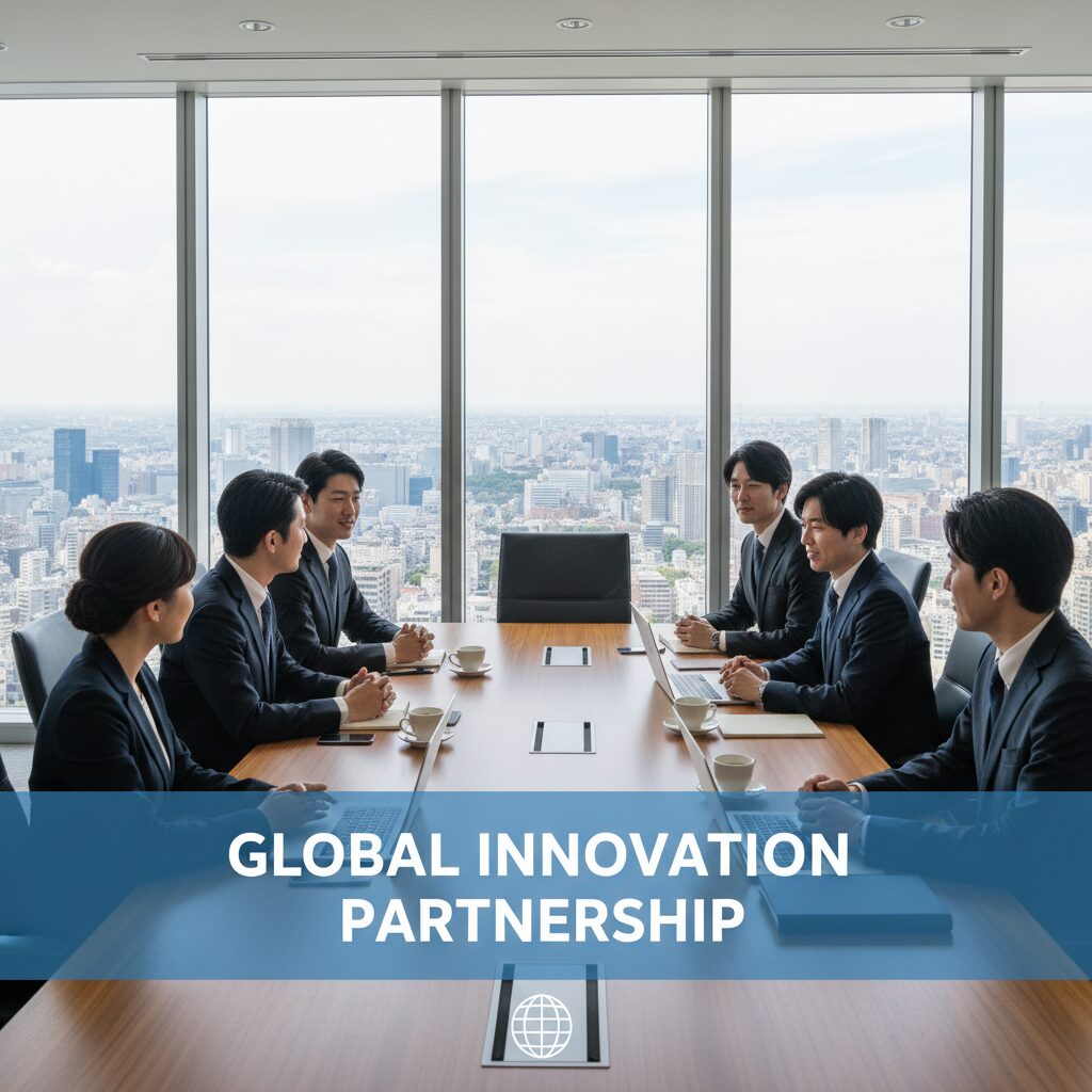 A professional collaborative meeting between Japanese and Korean employees in a modern office with a view of Tokyo.