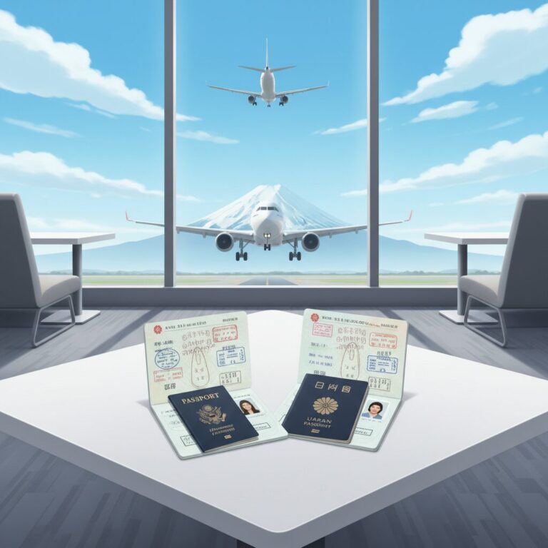 日本とアメリカのパスポートが空港のデスクに置かれ、背景には富士山が見える爽やかな渡航のイメージ