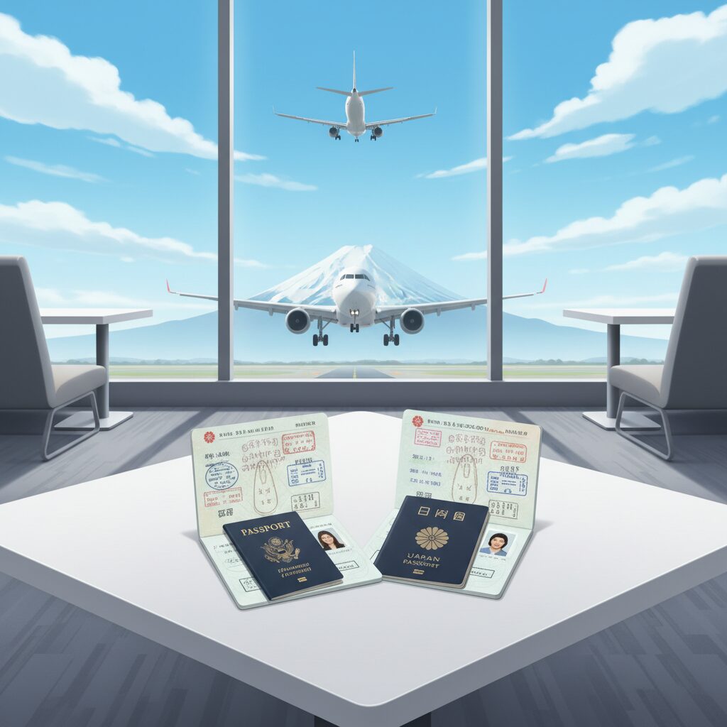 日本とアメリカのパスポートが空港のデスクに置かれ、背景には富士山が見える爽やかな渡航のイメージ