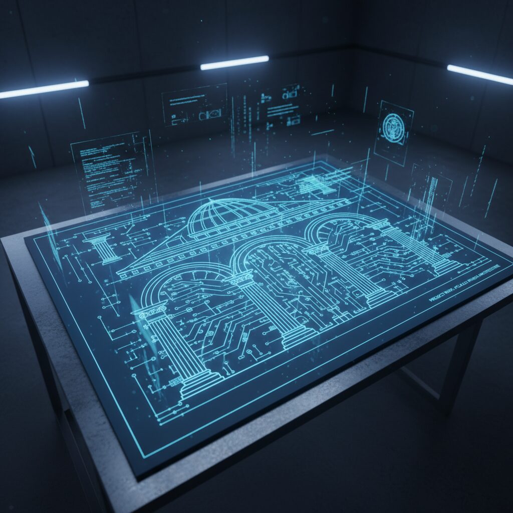 Digital blueprint visualization of an AI-integrated software system.