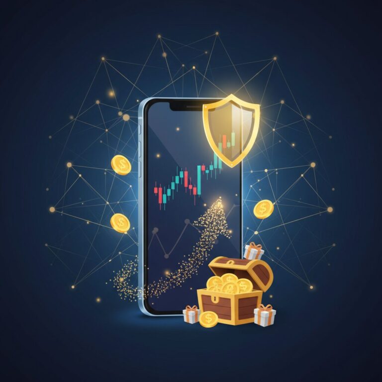 外為どっとコムのロゴと、スマートフォンのFXチャート、そして舞い散る金貨のイラスト。キャンペーンの豪華さを表現。