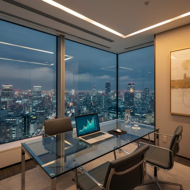 ゴールドマン・サックスのオフィスをイメージした高級感のある夜景とデスクの風景