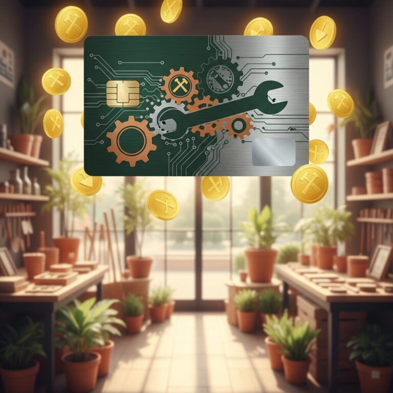 コメリのロゴを彷彿とさせるオレンジ色の背景に、クレジットカードと農業用具、そしてポイントのコインが舞うイメージ図。
