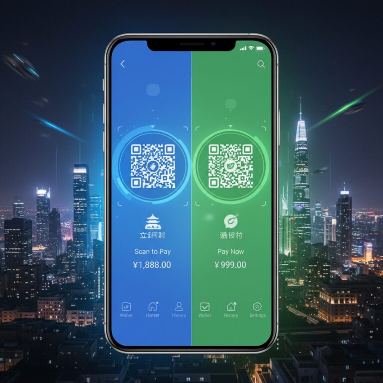 スマートフォンに表示された中国系決済アプリのQRコードと現代的な中国の街並み