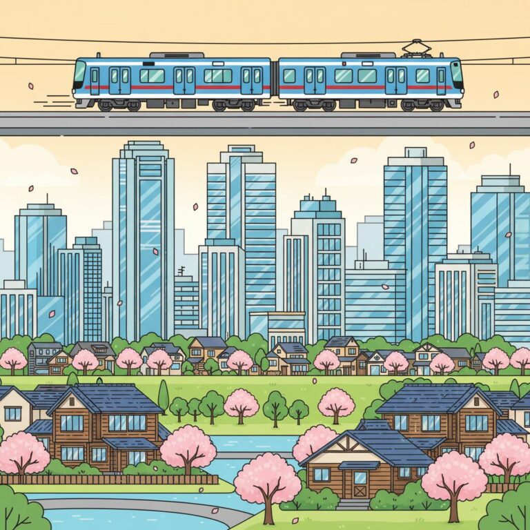 東急東横線の電車が走る洗練された街並みと住宅街のイメージイラスト