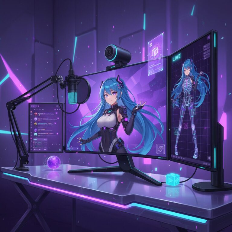 VTuber制作の機材とアバターが映る近未来的なデスクのイラスト