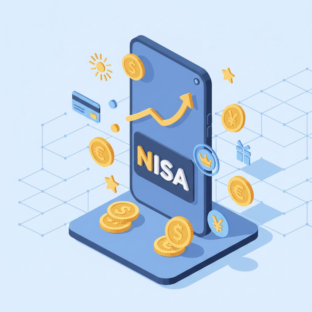スマホの投資グラフと金貨が描かれた、SBI証券のNISA運用をイメージした3Dイラスト