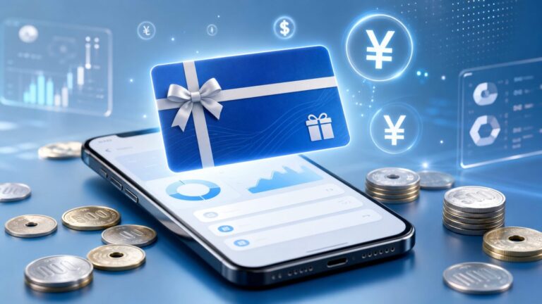 スマートフォンとデジタルギフト券、日本円の硬貨が描かれた金融イメージの画像
