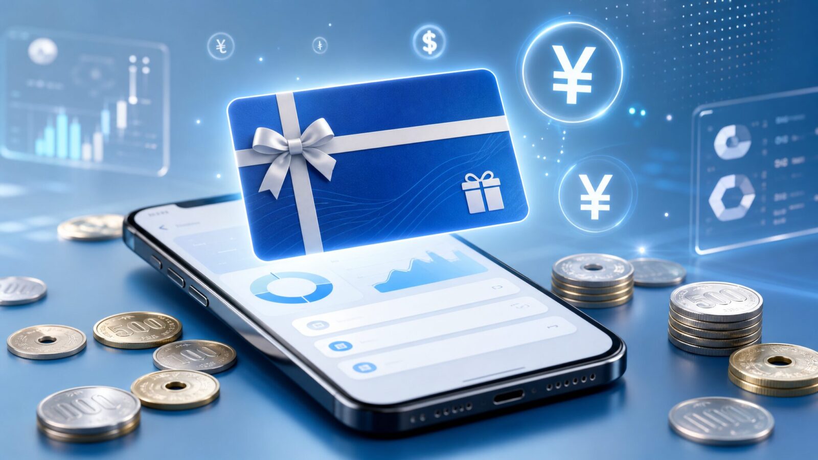 スマートフォンとデジタルギフト券、日本円の硬貨が描かれた金融イメージの画像