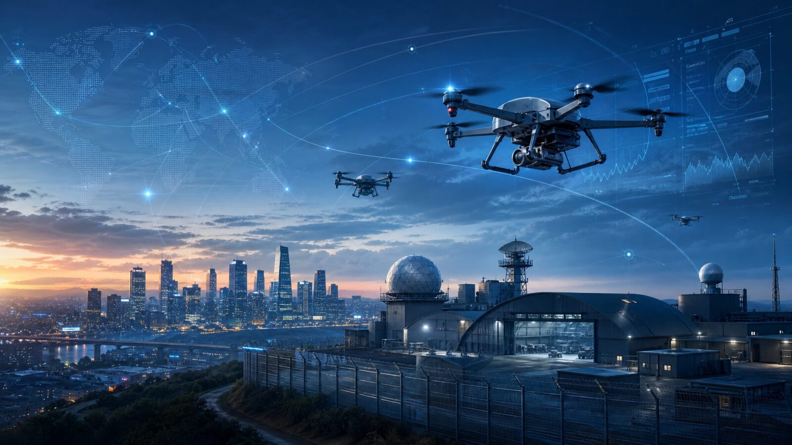 テラドローンのロゴと空を飛ぶ先進的な防衛用ドローンのイメージ画像