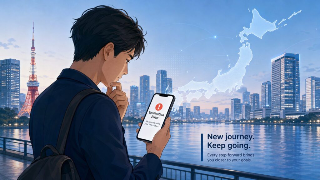 A smartphone screen showing a verification error and a Japanese landscape in the background, representing the struggle of overseas users with Ticket Pia authentication.