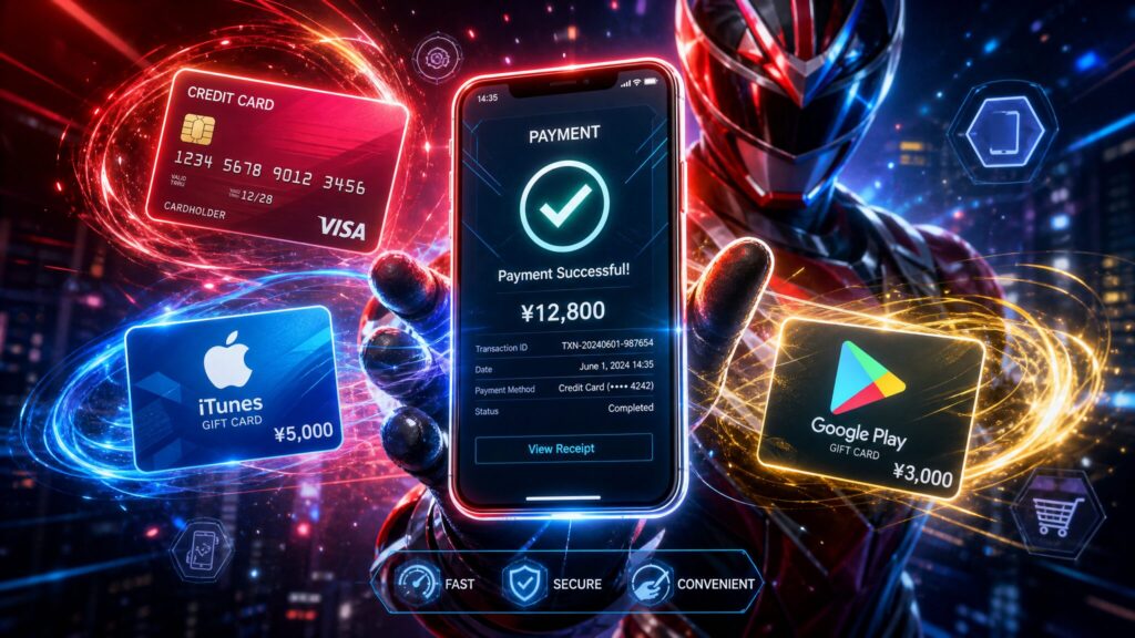 TTFCのロゴと決済方法を象徴するスマートフォン、クレジットカード、ギフトカードのイメージ図