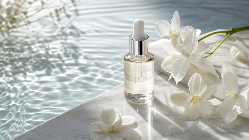 Beautiful skin with a glowing brightening serum bottle and soft flowers