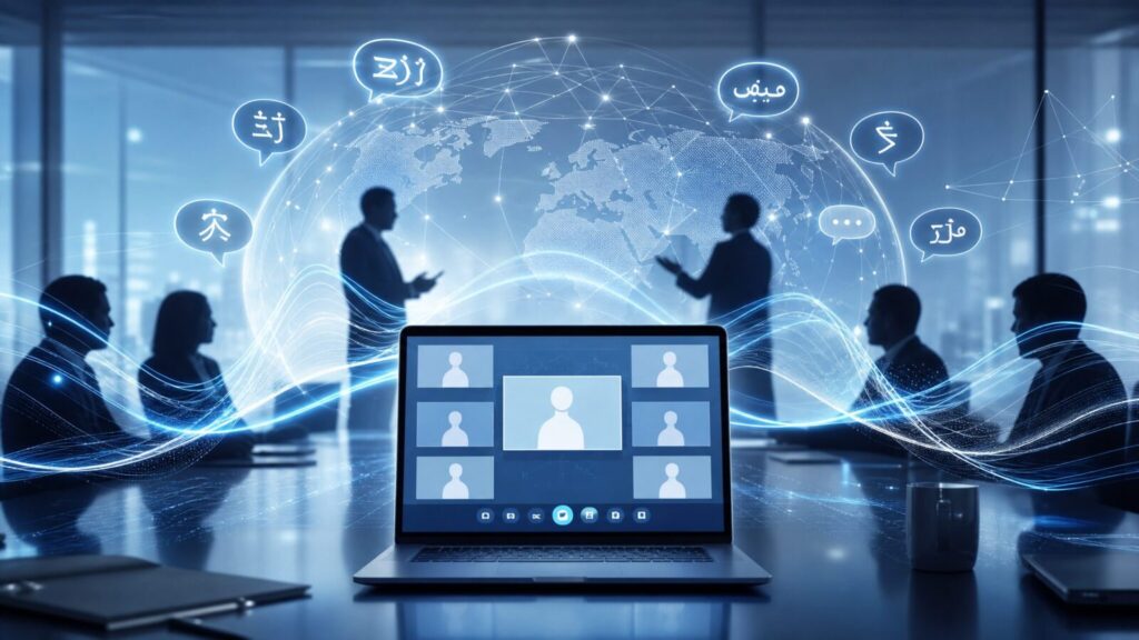 A futuristic business meeting scene illustrating Microsoft Teams real-time translation features.