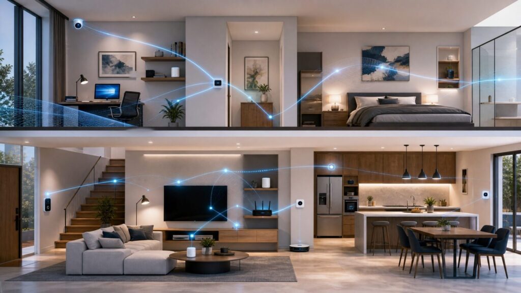 A smart home visualization showing mesh Wi-Fi coverage across multiple rooms with glowing blue signal waves connecting various devices.