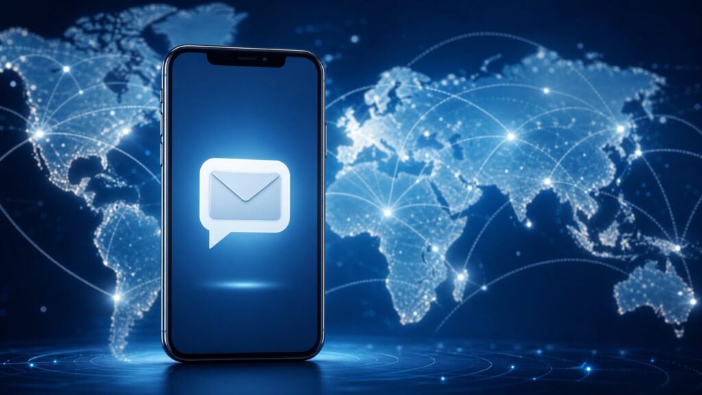A smartphone with an SMS notification icon floating over a world map and digital globe background.