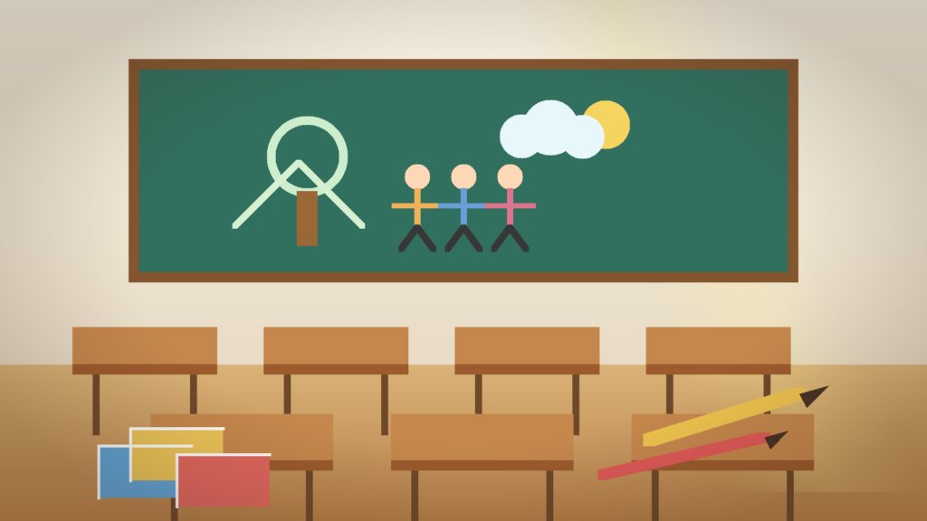 日差しが差し込む明るい小学校の教室と教育を象徴する文房具のイラスト