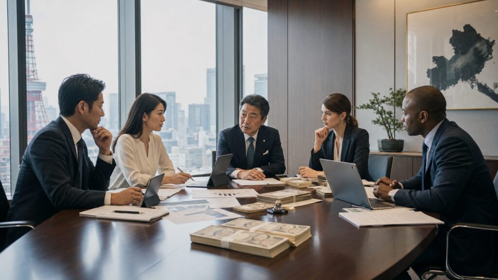 日本のオフィスで事業計画を練る外国人起業家と日本人の専門家