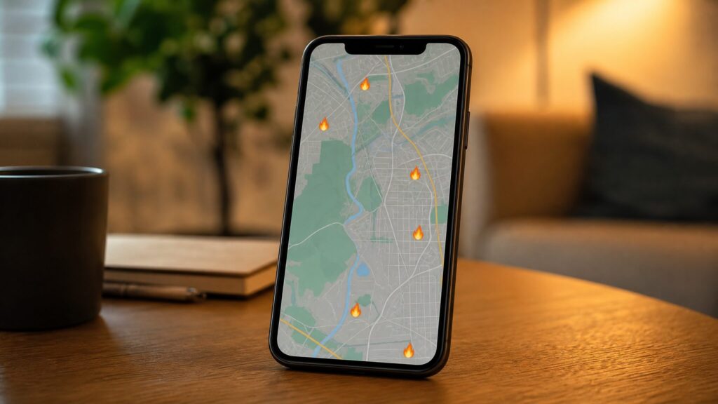 スマートフォンに表示された地図上に炎のマークが点在する、事故物件マップをイメージした画像