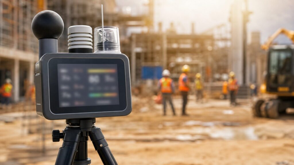 屋外の建設現場でWBGT測定器が暑さ指数を表示している様子