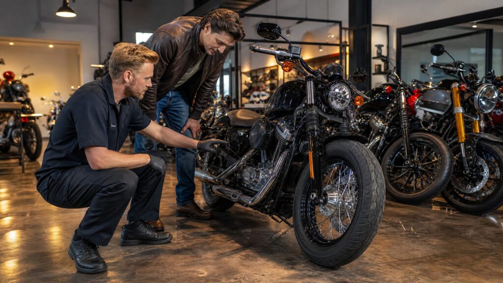 A professional mechanic and a buyer inspecting a row of high-quality used motorcycles in a modern, well-lit showroom.
