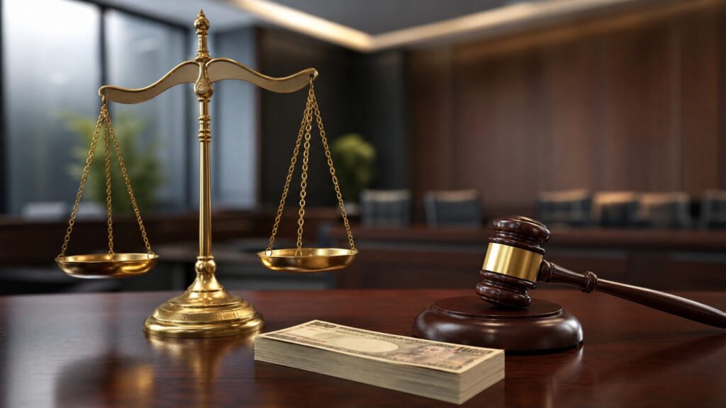 裁判の天秤と日本円、ガベルが置かれた弁護士事務所のデスクイメージ