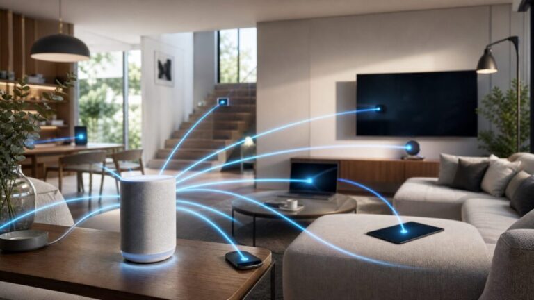 家全体を網目状にカバーするメッシュWi-Fiのイメージ画像。デバイスがスムーズに繋がる様子を表現。