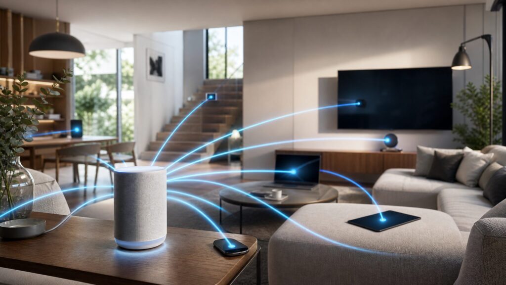 家全体を網目状にカバーするメッシュWi-Fiのイメージ画像。デバイスがスムーズに繋がる様子を表現。
